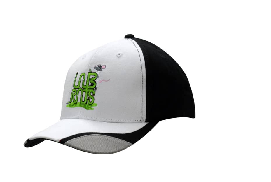 A black and white cap featuring fabric inserts on the peak and a logo on the front.