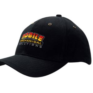 A black brushed heavy cotton cap featuring a logo on the front, with gold eyelets for ventilation.