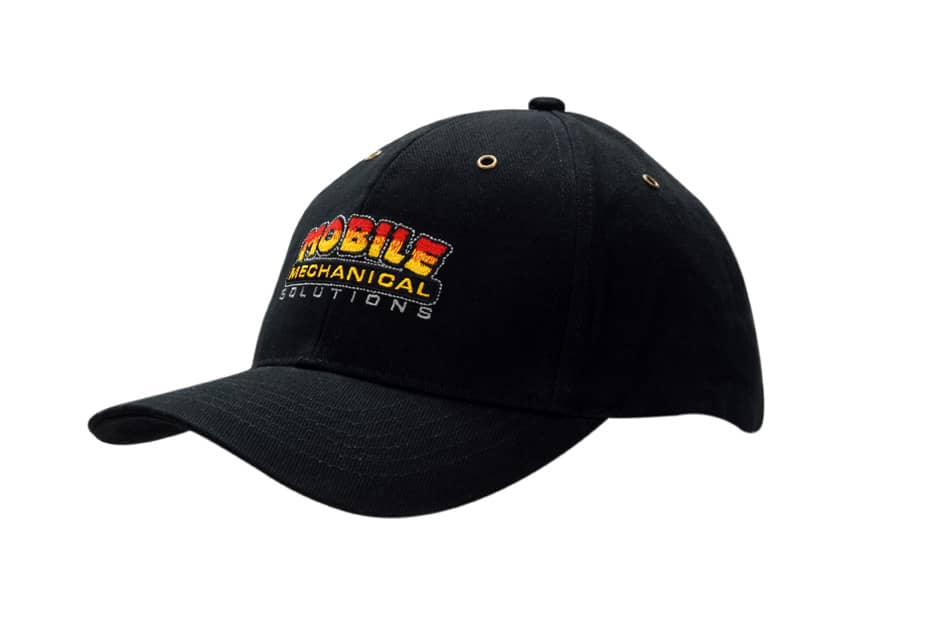 A black brushed heavy cotton cap featuring a logo on the front, with gold eyelets for ventilation.