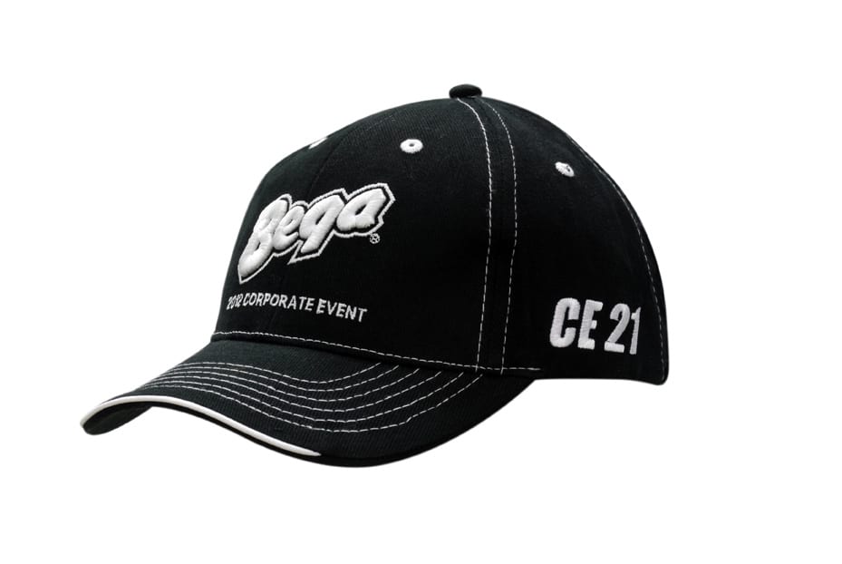A black cap with a logo, open lip sandwich design, and contrast white stitching.