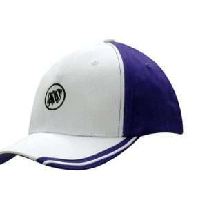 A white and purple brushed heavy cotton cap featuring an embroidered logo on the peak.