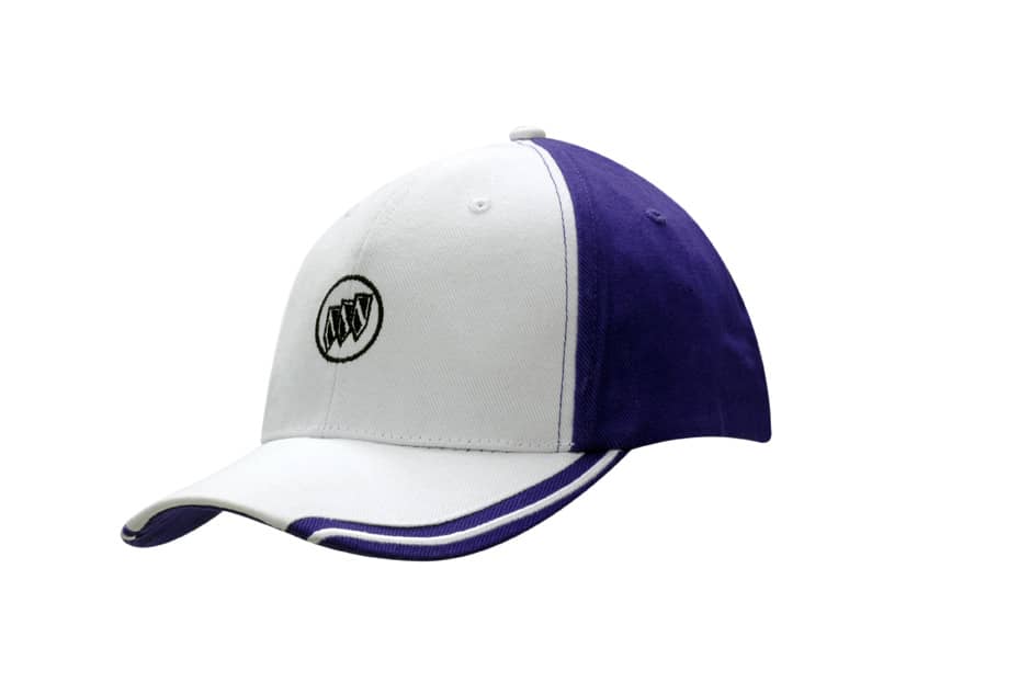 A white and purple brushed heavy cotton cap featuring an embroidered logo on the peak.