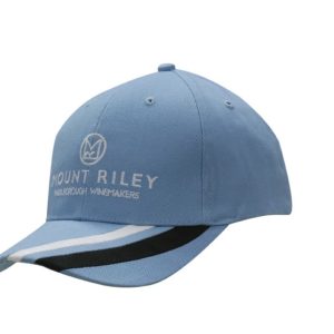 A blue cotton cap featuring fabric stripes on the peak and a logo on the front.