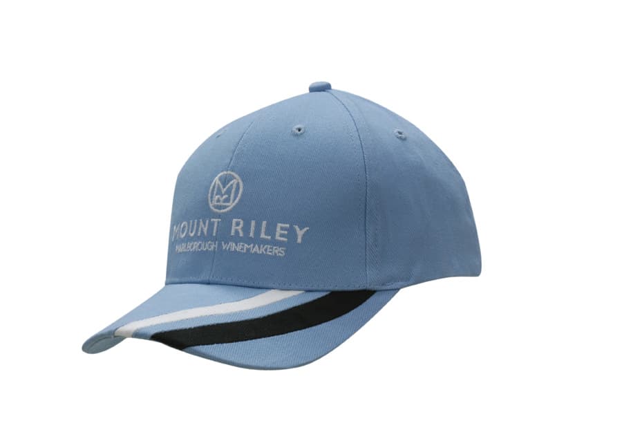 A blue cotton cap featuring fabric stripes on the peak and a logo on the front.