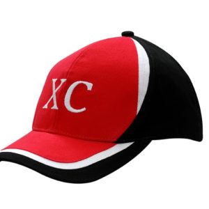 A red and black brushed heavy cotton cap with crown and peak inserts, featuring a white logo.