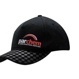 A black cap with a check embossed nubuck peak and a logo on the front.