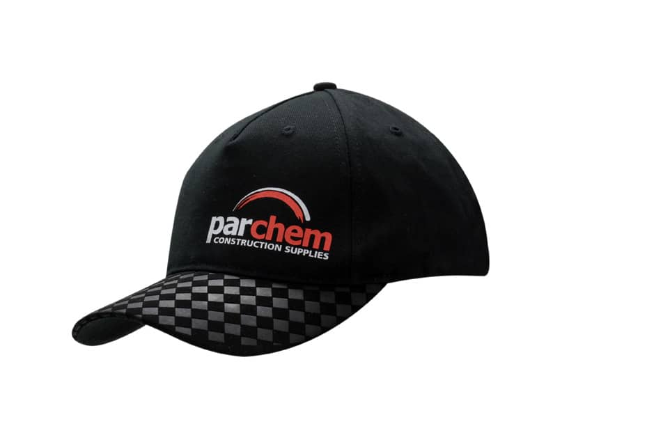 A black cap with a check embossed nubuck peak and a logo on the front.