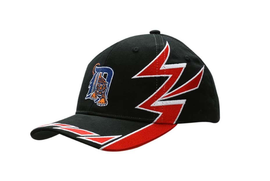 A black cap with slash embroidery on the crown and peak, featuring a logo on the front.