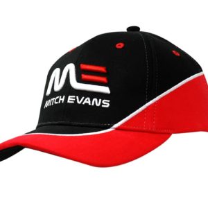 A black and red cap with embroidery on the crown and peak, featuring a logo on the front.