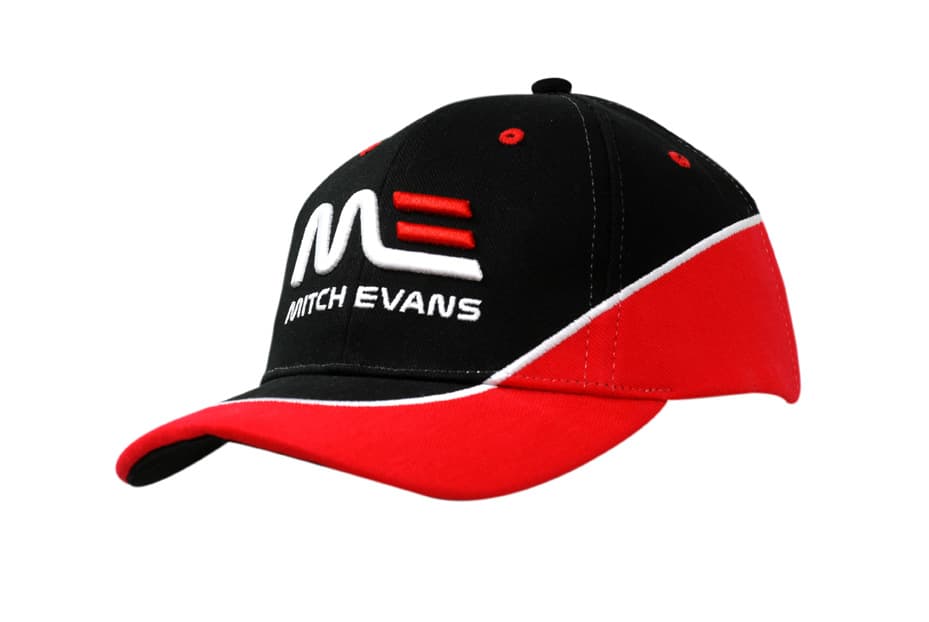 A black and red cap with embroidery on the crown and peak, featuring a logo on the front.