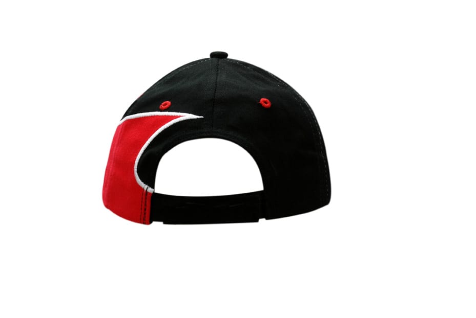 A black cap with red accents and embroidery on the crown and peak, featuring a logo on the side.