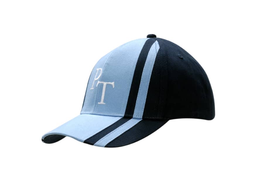 A black and light blue cap featuring fabric inserts and stripes on the crown and peak, with a logo on the front.