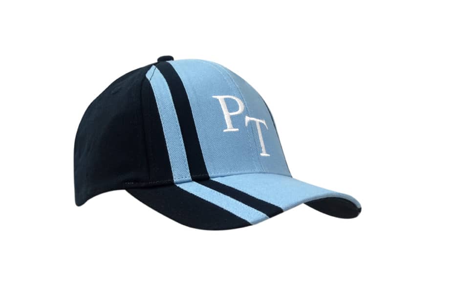 A blue and black cap featuring fabric inserts and stripes on the crown and peak, with a logo on the front.