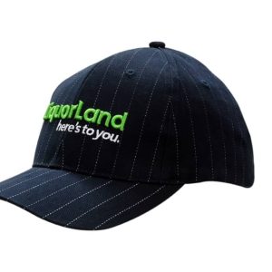 A navy cap with pin stripes, featuring an embroidered logo on the front.