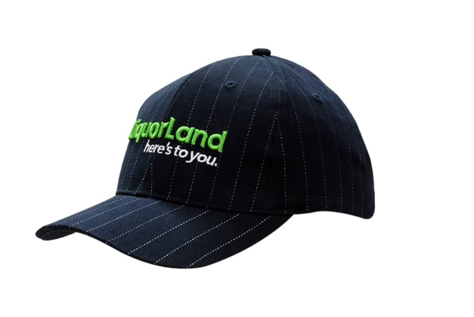 A navy cap with pin stripes, featuring an embroidered logo on the front.
