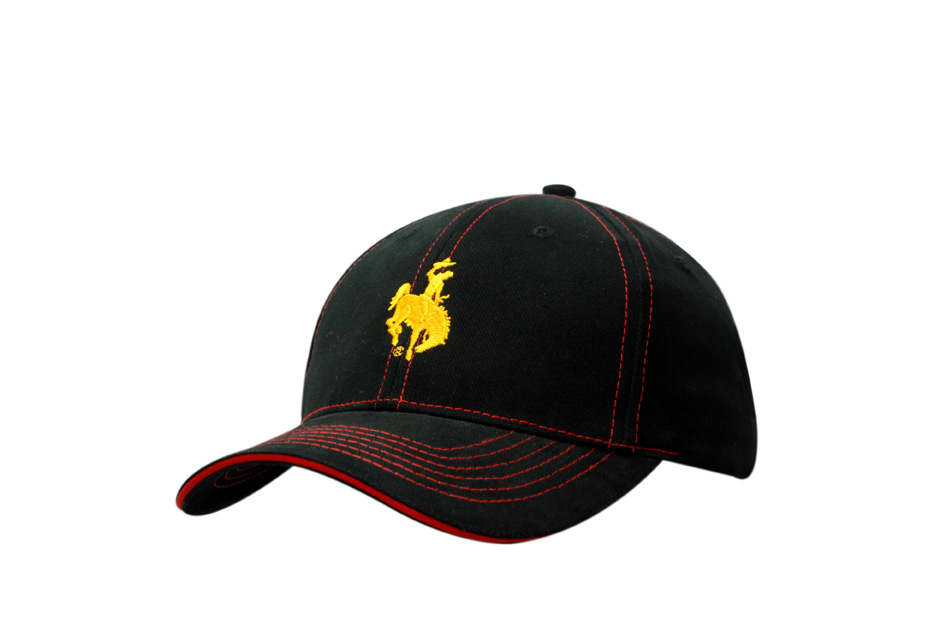 A black brushed cotton cap featuring yellow stitching and a logo, with a red sandwich trim on the peak.