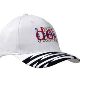 A white cap with black and white striped peak, featuring embroidered designs and a logo.