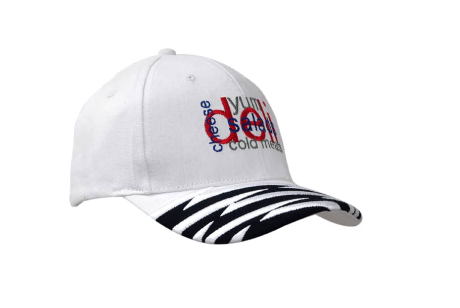 A white cap with black and white striped peak, featuring embroidered designs and a logo.
