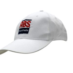A white cap with an extra long peak and a logo on the front. Suitable for headwear category.