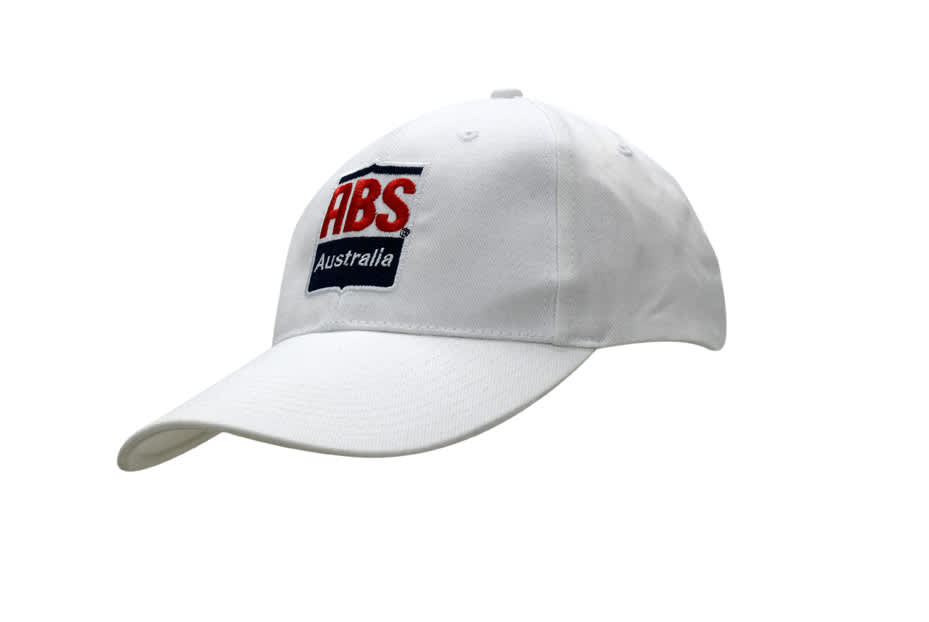 A white cap with an extra long peak and a logo on the front. Suitable for headwear category.