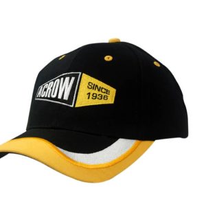 A black and yellow cap with a logo and fabric inserts, featuring embroidery on the peak.