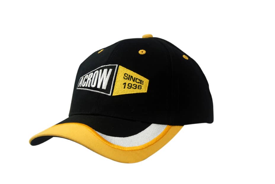 A black and yellow cap with a logo and fabric inserts, featuring embroidery on the peak.