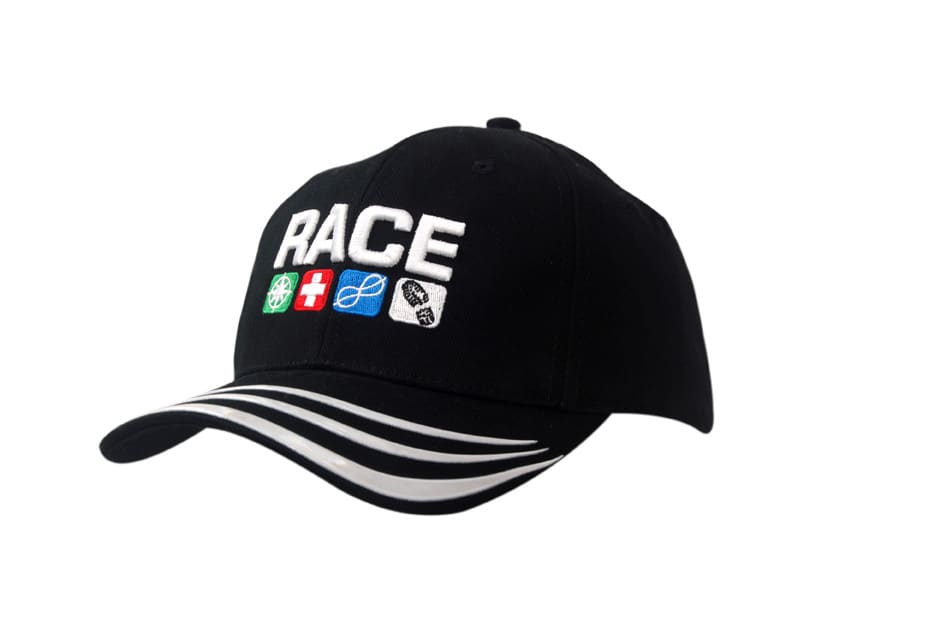 A black brushed heavy cotton cap featuring sonic weld lines on the peak and a logo on the front.