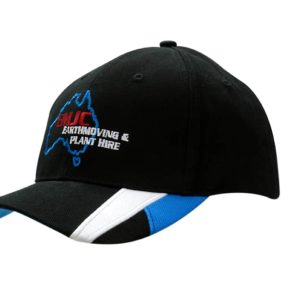 Brushed heavy cotton black cap with blue peak inserts and embroidery, featuring a logo.