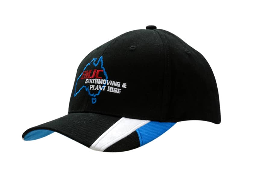 Brushed heavy cotton black cap with blue peak inserts and embroidery, featuring a logo.