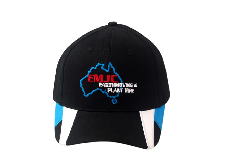 A black cap with peak inserts in blue and white, featuring a logo and embroidery on the front.