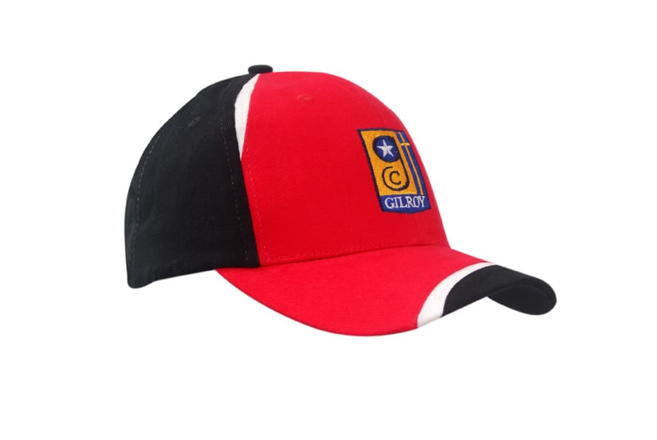 A red and black cap with fabric inserts on the crown and peak, featuring a logo on the front.