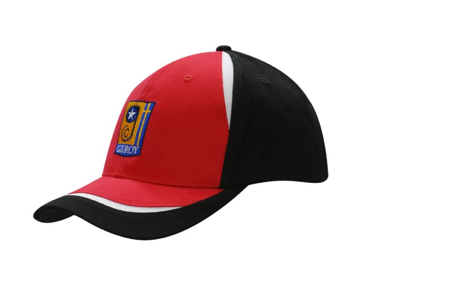 A red and black cap with fabric inserts on the crown and peak, featuring a logo on the front.