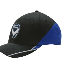 A black and blue cap with fabric inserts on the crown and peak, featuring embroidered lines and a logo.