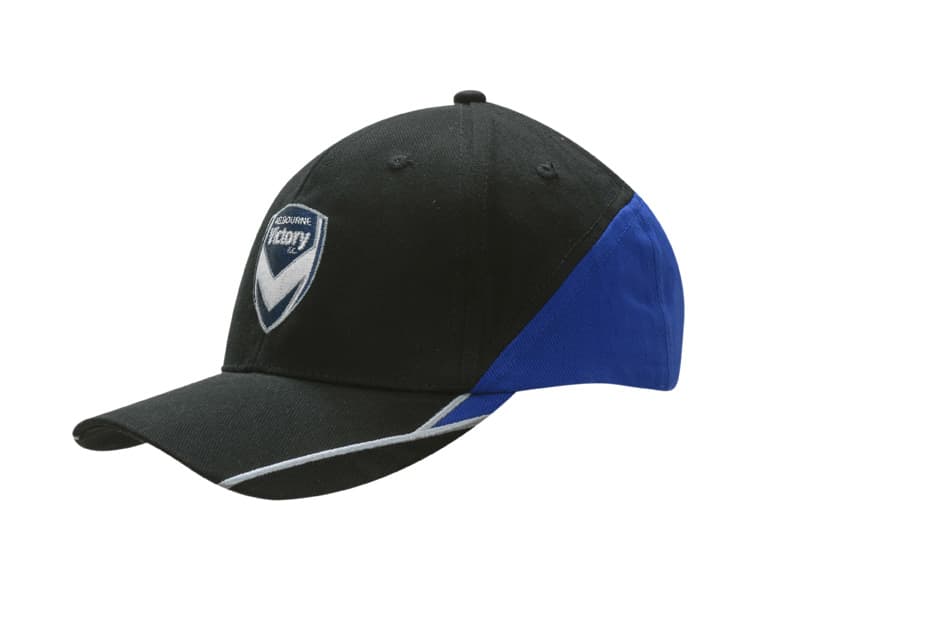 A black and blue cap with fabric inserts on the crown and peak, featuring embroidered lines and a logo.