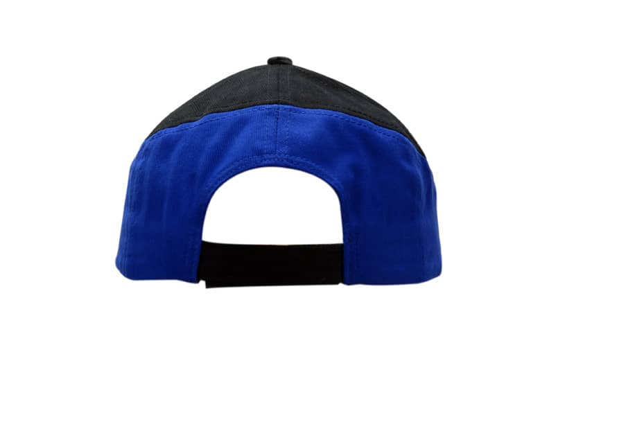A black and blue cap featuring fabric inserts on the crown and peak, with an adjustable strap at the back.