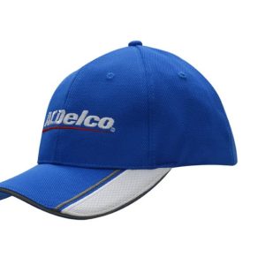 A blue mesh knit cap featuring mesh inserts and embroidery on the peak and sandwich trim, with a logo on the front.