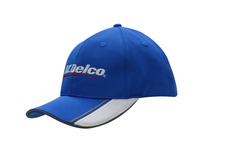 A blue mesh knit cap featuring mesh inserts and embroidery on the peak and sandwich trim, with a logo on the front.