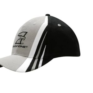 A black and grey cap with fabric inserts and embroidery on the crown and peak, featuring a logo.