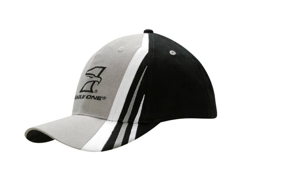 A black and grey cap with fabric inserts and embroidery on the crown and peak, featuring a logo.