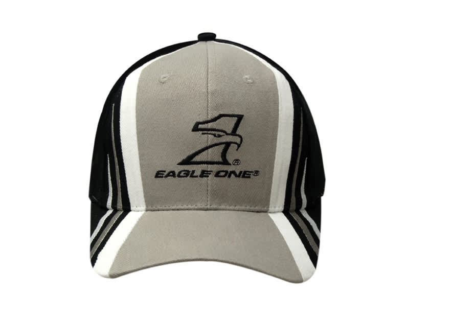 A black and grey cap featuring fabric inserts and embroidery on the crown and peak, with a logo displayed.