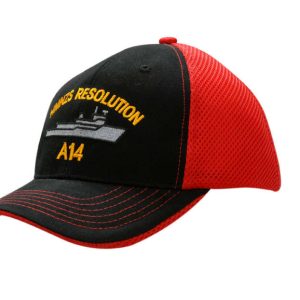 A black and red cap with a mesh back and an embroidered design, featuring a logo and text.