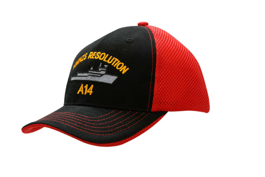 A black and red cap with a mesh back and an embroidered design, featuring a logo and text.