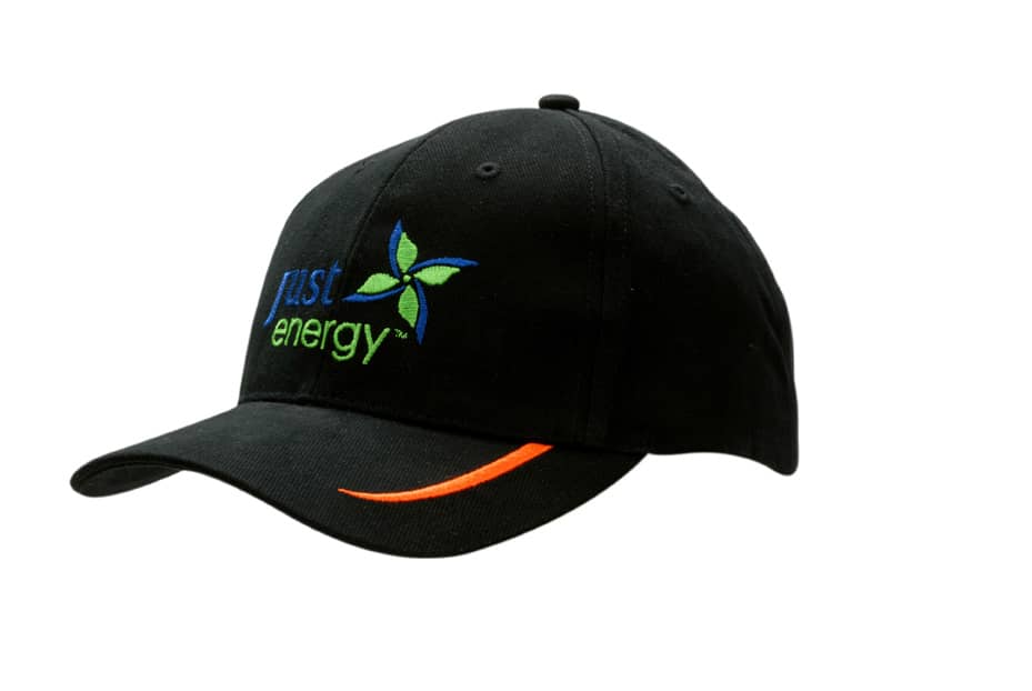 A black cap with peak embroidered lines and a logo, featuring colourful designs on the front.