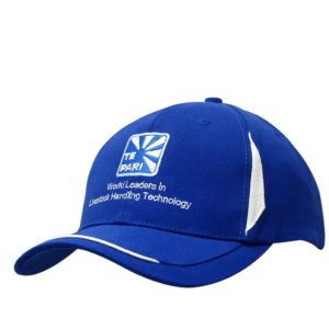 A blue brushed heavy cotton cap featuring fabric inserts on the crown and an open sandwich peak, with a logo.