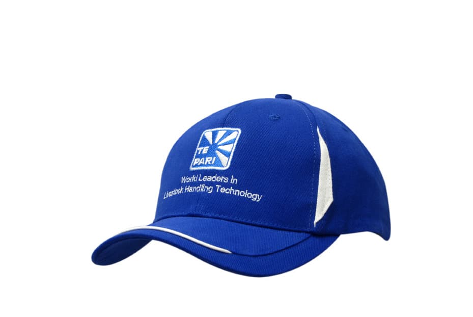 A blue brushed heavy cotton cap featuring fabric inserts on the crown and an open sandwich peak, with a logo.