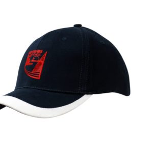 A navy cap with a white peak and a logo on the front. Features a fabric insert on the crown.