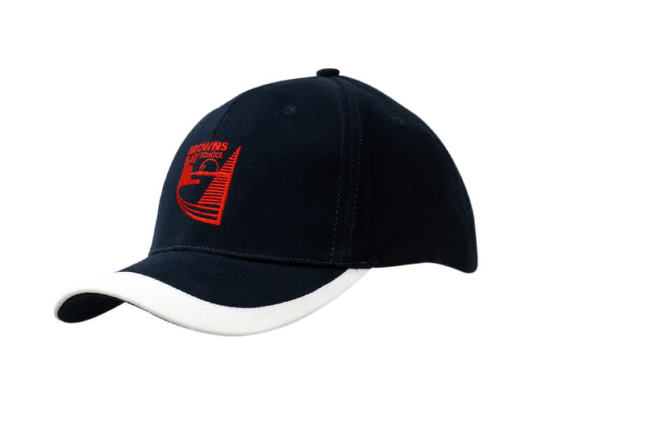 A navy cap with a white peak and a logo on the front. Features a fabric insert on the crown.