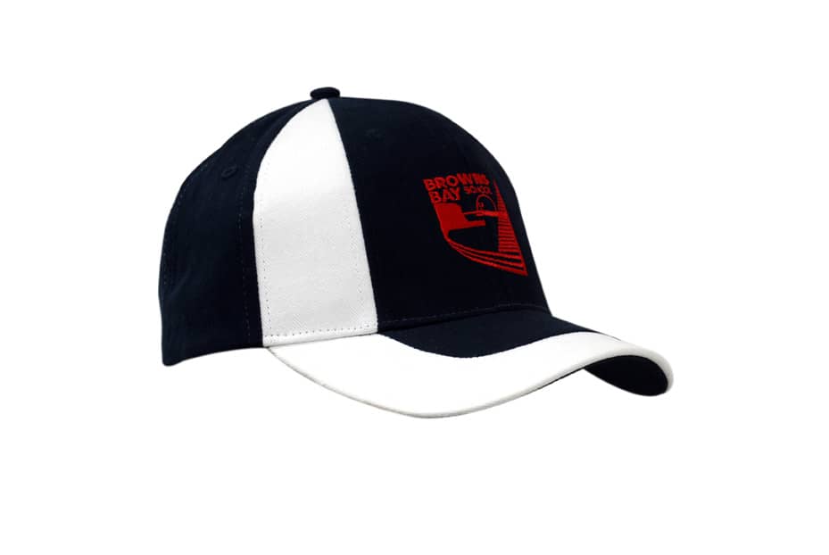 A black and white brushed heavy cotton cap featuring a fabric insert on the crown and peak, with a logo.