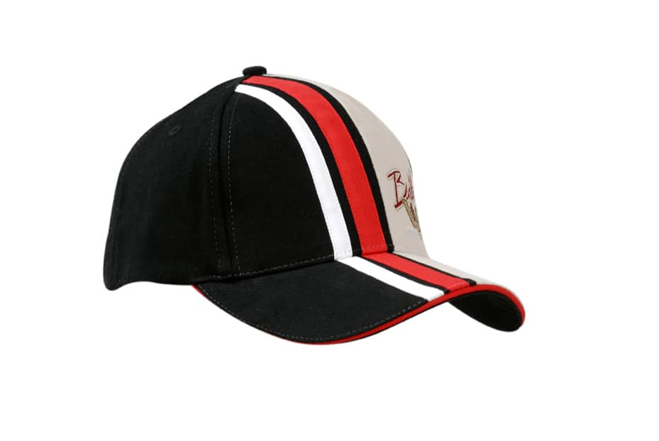 A black and beige cap featuring red and white stripes on the crown and peak, with a logo on the front.