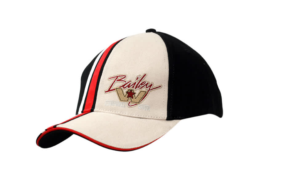 A brushed heavy cotton cap in cream, black, and red featuring stripes on the crown and peak, and a logo.